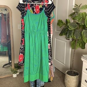 LOFT tropical spaghetti strap midi dress palm leaves blue green size Small